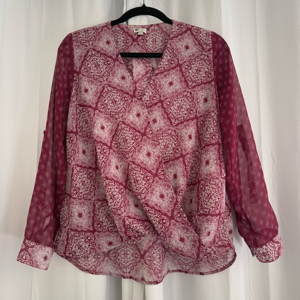 Kut From The Kloth Surplice Blouse XS Petite Burgundy Roll Tab Sleeve Top